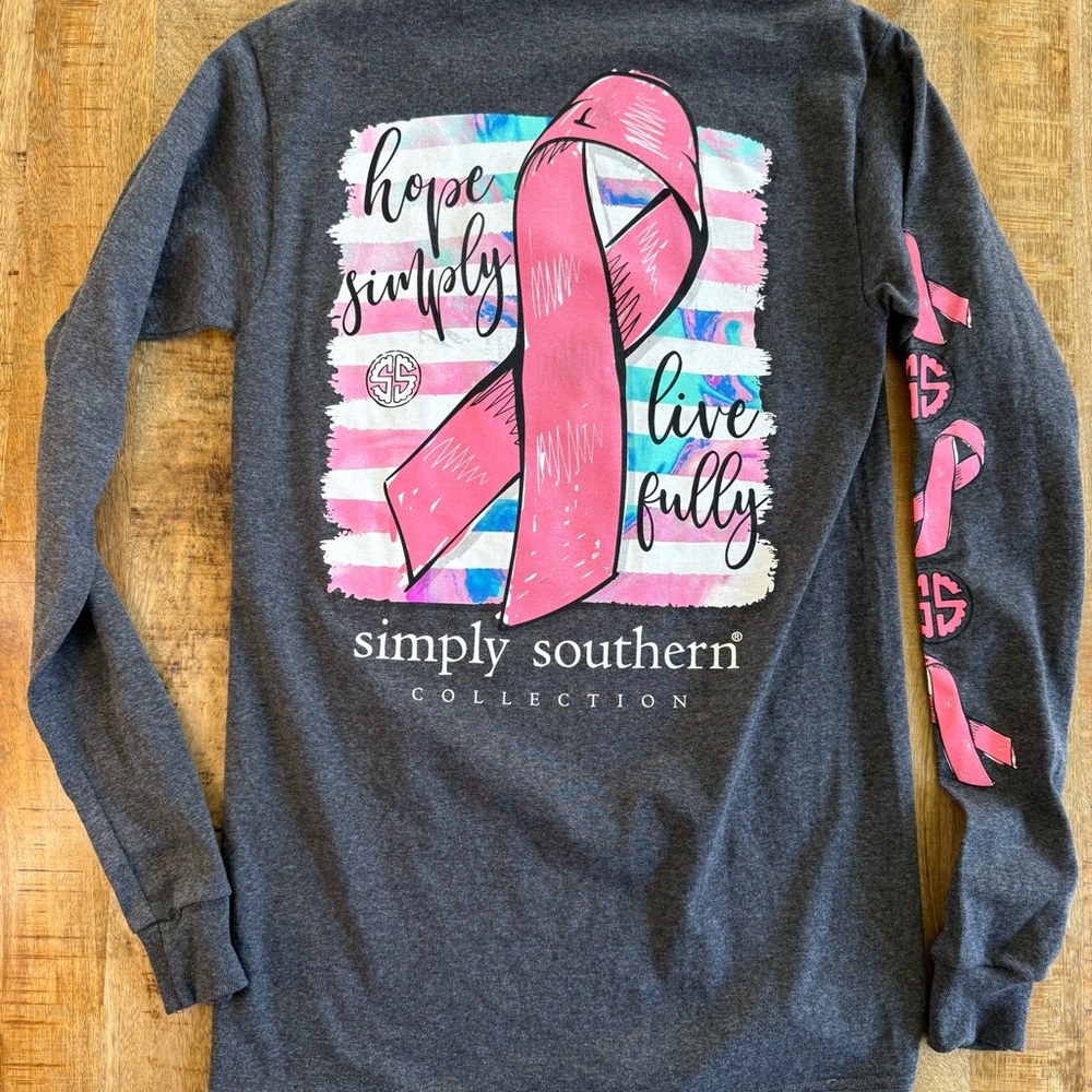 Simply Southern Charcoal Long Sleeve Tee with Pink Ribbon Accents